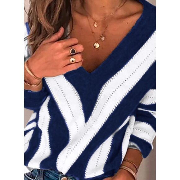 Women Sweater V Neck Long Sleeve Knitted Pullover Fall Fashion Top - Picture 4 of 4